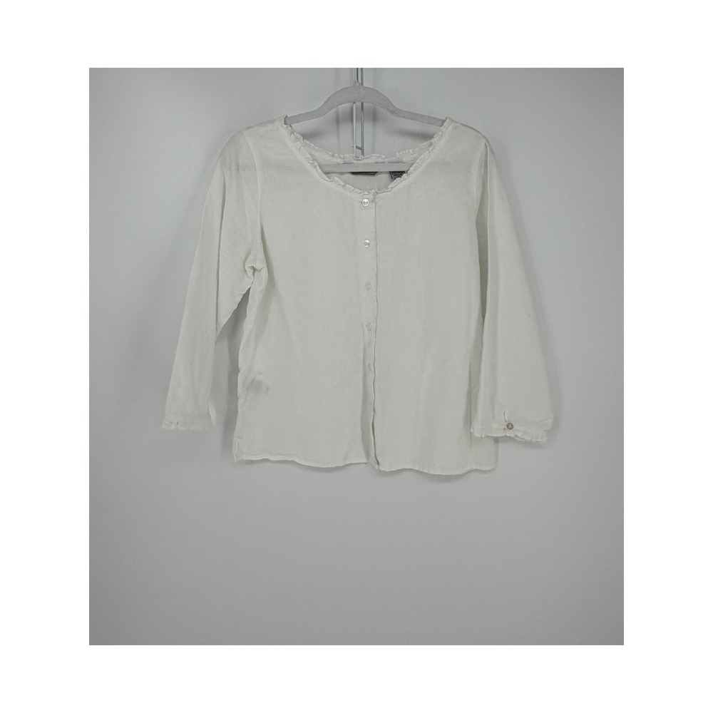 Eddie Bauer Cardigan Blouse Womens Medium White 100% Linen Cotton Ruffle Coastal